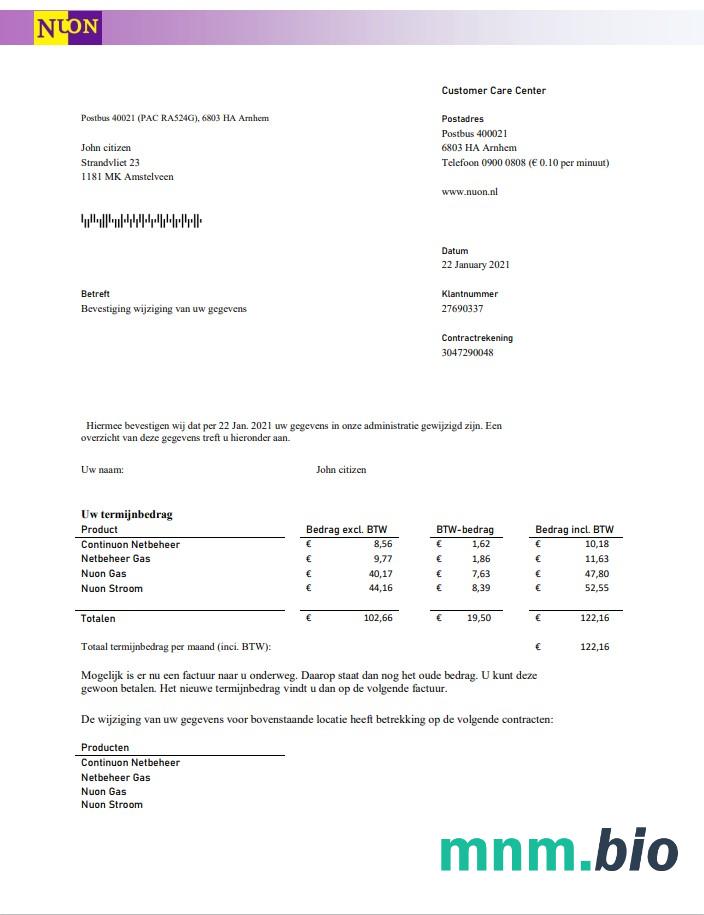 Netherlands Nuon gas rachunek za media szablon w formacie Word i PDF w języku niderlandzkim